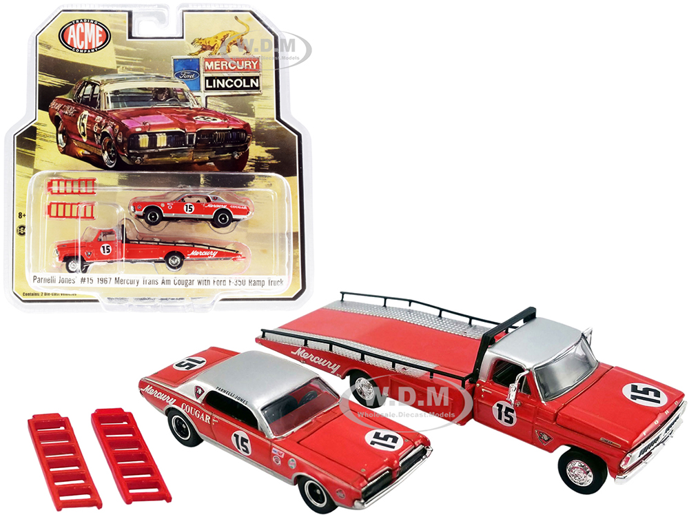 Ford F-350 Ramp Truck with 1967 Mercury Trans Am Cougar 15 Parnelli Jones Red with Silver Top "ACME Exclusive" 1/64 Diecast Model Cars by Greenlight