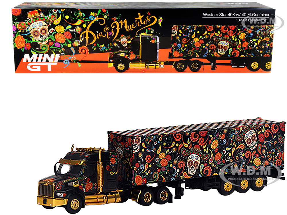 Western Star 49X with 40 Ft Container Dia de los Muertos (Day of the Dead) Black with Graphics 1/64 Diecast Model by Mini GT