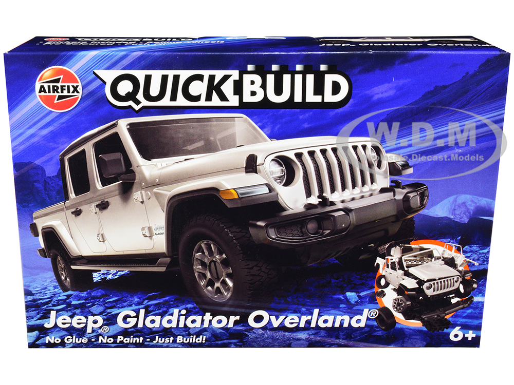 Skill 1 Model Kit Jeep Gladiator (JT) Overland Silver Snap Together Painted Plastic Model Car Kit by Airfix Quickbuild