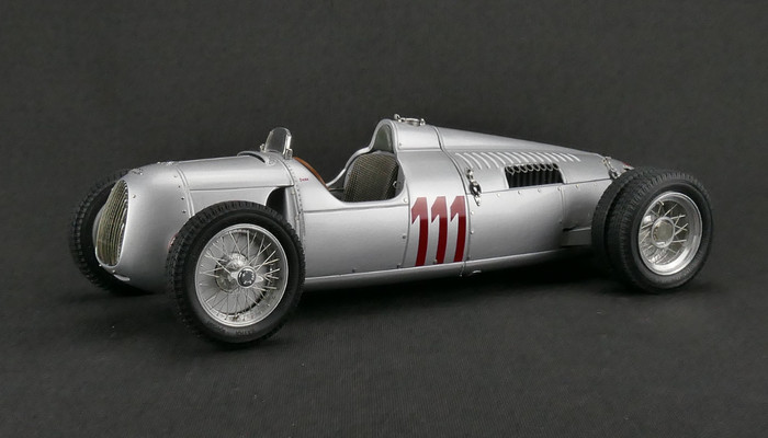 Image of 1937 Auto Union Type C Silver 111 Hill Climb Version Huns Stuck Schauins Land Limited Edition to 1500pcs 1/18 Diecast Model Car by CMC