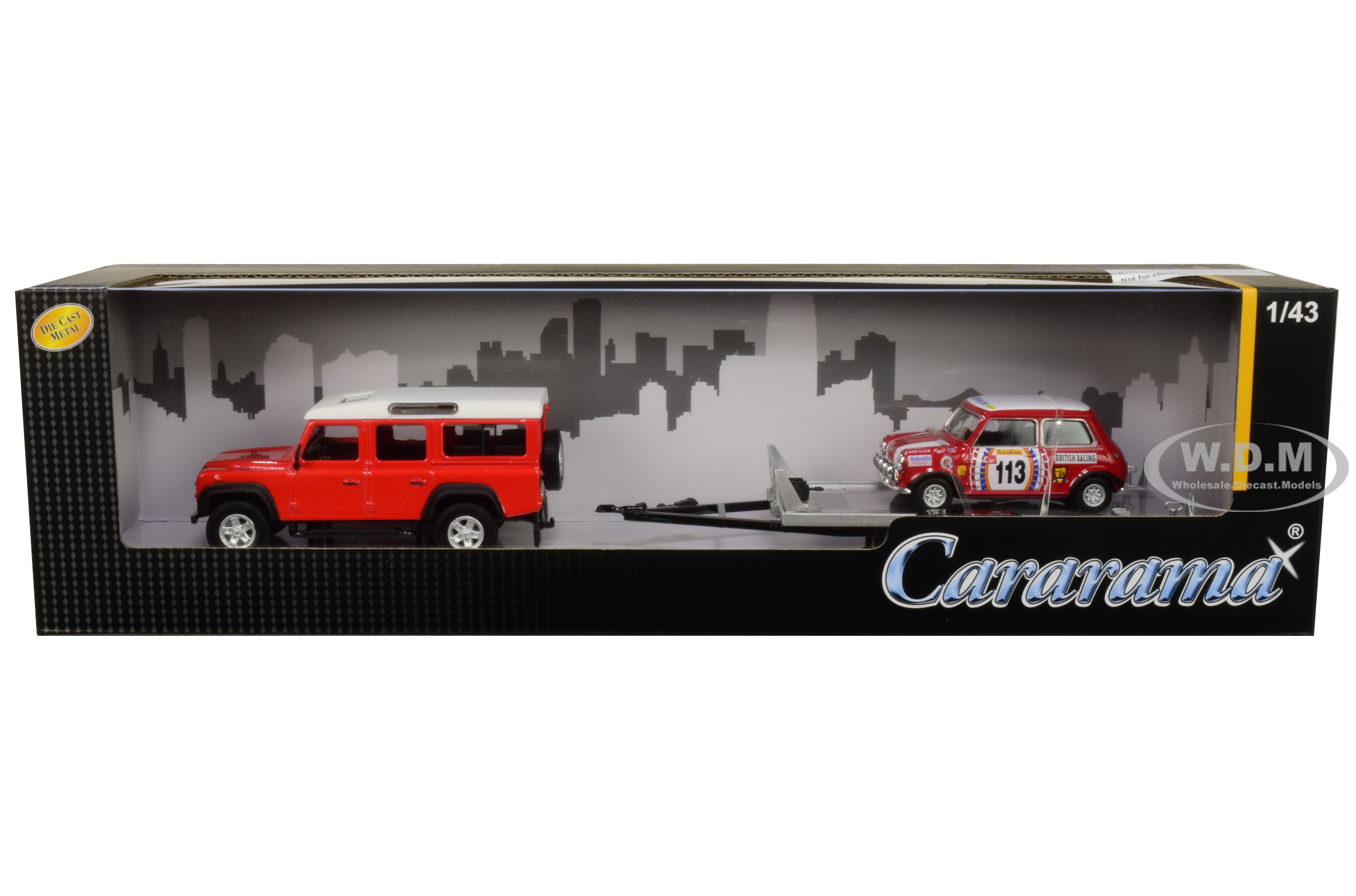 Image of Land Rover Defender 110 Red and White Top with Trailer and Mini Cooper 113 "British Racing" 1/43 Diecast Model Cars by Cararama