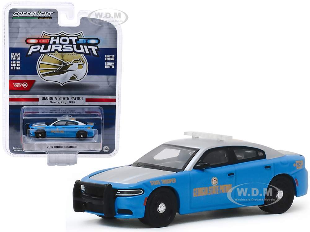 2017 Dodge Charger "georgia State Patrol" (georgia Usa) Light Blue Metallic And Silver "hot Pursuit" Series 33 1/64 Diecast Model Car By Greenlight