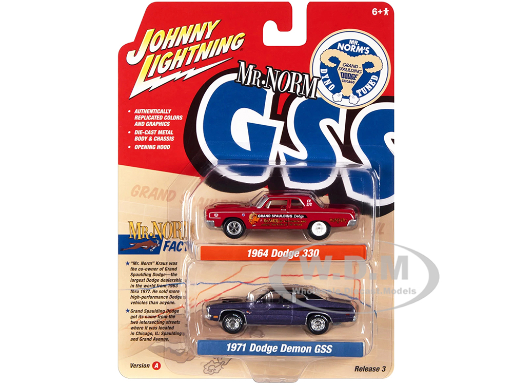 1964 Dodge 330 Mr. Norm - Grand Spaulding Dodge Red and 1971 Dodge Demon GSS Plum Crazy with Black Top and Stripes Mr. Norm GSS Series Set of 2 Cars 1/64 Diecast Model Cars by Johnny Lightning