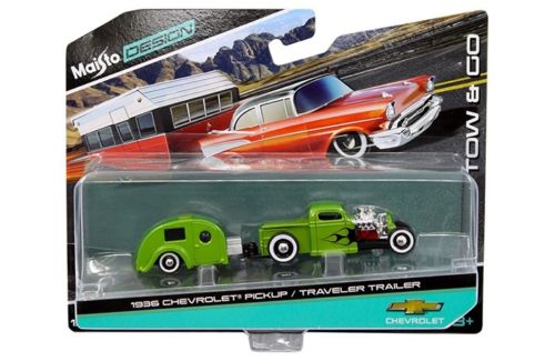 1936 Chevrolet Pickup Green And Traveler Trailer Tow & Go 1/64 Diecast Model By Maisto