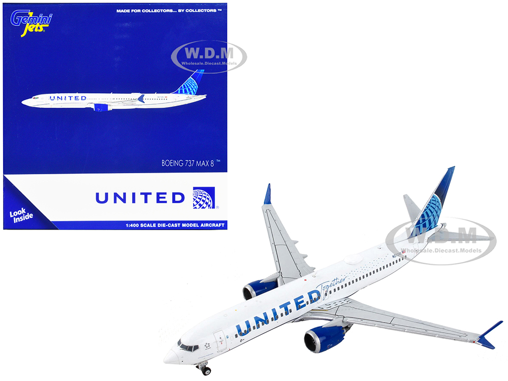 Boeing 737 MAX 8 Commercial Aircraft United Airlines - Being United Together White with Blue Tail 1/400 Diecast Model Airplane by GeminiJets