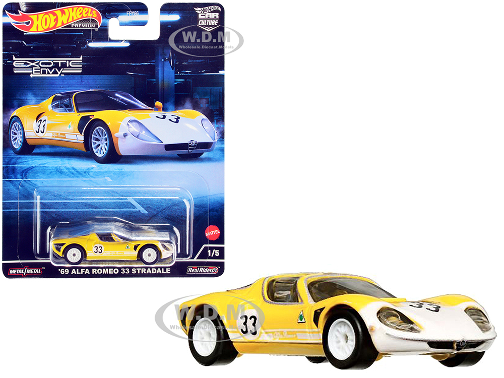 1969 Alfa Romeo 33 Stradale 33 Yellow and White "Exotic Envy" Series Diecast Model Car by Hot Wheels