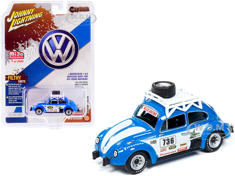 Image of 1970 Volkswagen Beetle Racing 736 with Roof Rack and Spare Tire Limited Edition to 2400 pieces Worldwide 1/64 Diecast Model Car by Johnny Lightning
