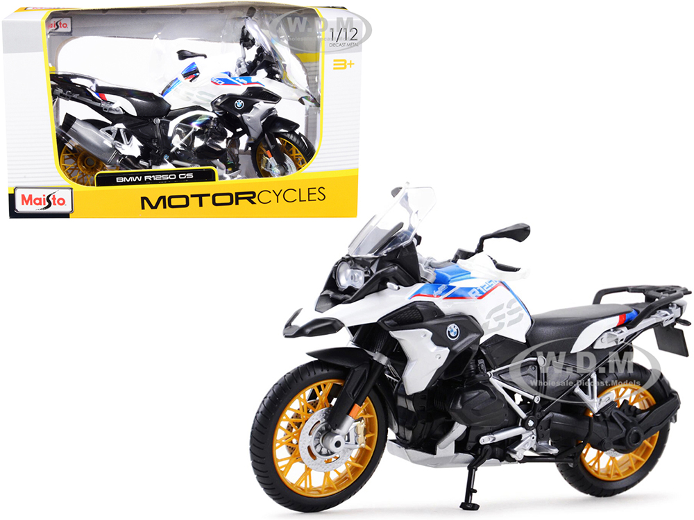BMW R 1250 GS White with Blue and Red Stripes 1/12 Diecast Motorcycle Model by Maisto