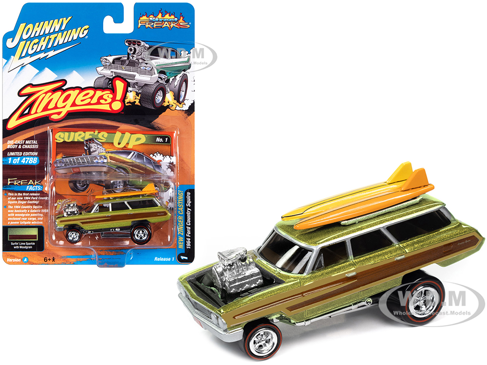 1964 Ford Country Squire Surfin Lime Metallic with Woodgrain Panels and Surfboard on Roof Zingers! Limited Edition to 4788 pieces Worldwide Street Freaks Series 1/64 Diecast Model Car by Johnny Lightning