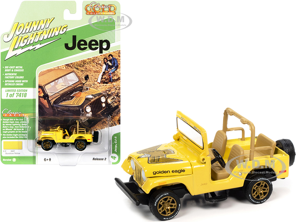 Jeep CJ-5 Sunshine Yellow with Golden Eagle Graphics Classic Gold Collection Limited Edition to 7418 pieces Worldwide 1/64 Diecast Model Car by Johnny Lightning