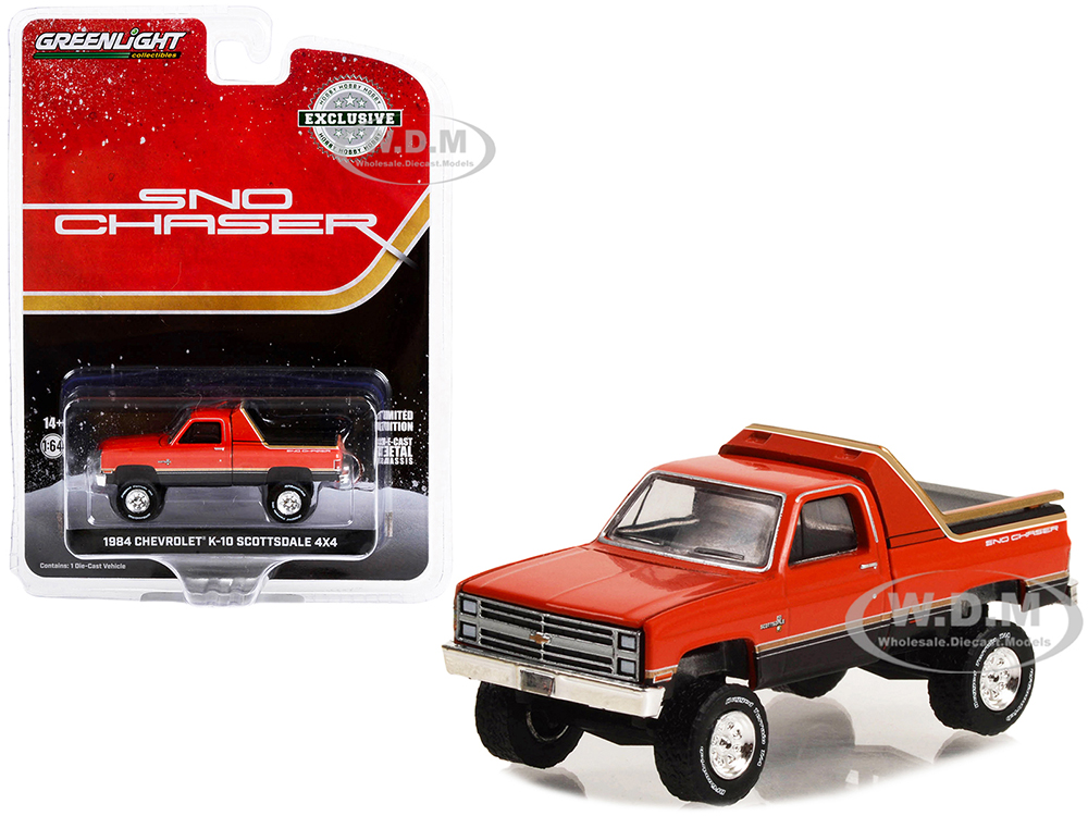 1984 Chevrolet K-10 Scottsdale 4x4 Pickup Truck Red and Black with Gold Stripes "Sno Chaser" "Hobby Exclusive" Series 1/64 Diecast Model Car by Green