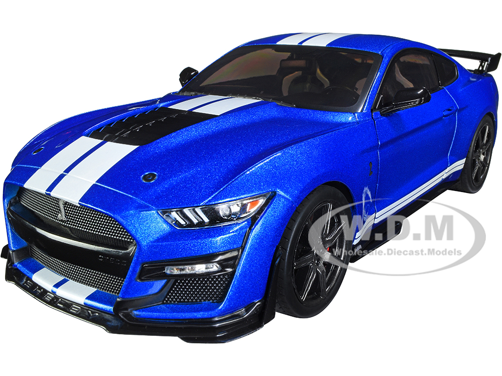 2020 Ford Mustang Shelby GT500 Fast Track Ford Performance Blue Metallic with White Stripes 1/18 Diecast Model Car by Solido