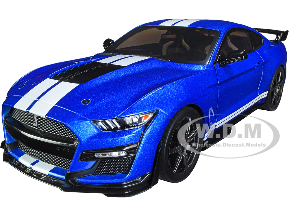 2020 Ford Mustang Shelby GT500 Fast Track Ford Performance Blue Metallic With White Stripes 1/18 Diecast Model Car By Solido