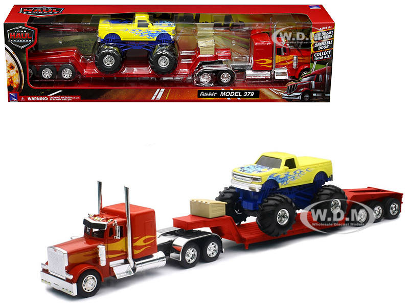 Peterbilt 379 Lowboy Truck Red With Flames And Monster Truck Yellow With Flames 1/32 Diecast Model By New Ray