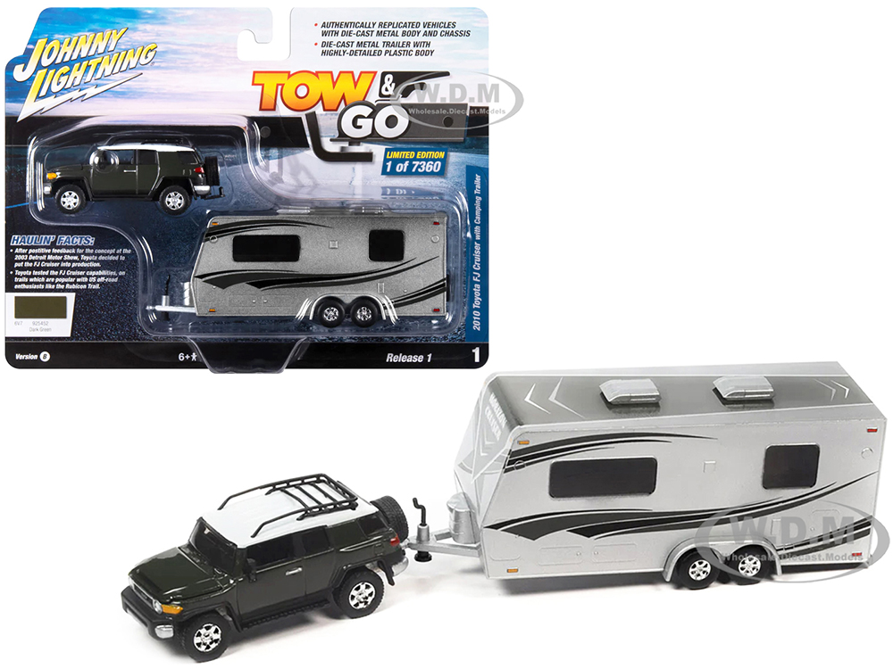 2010 Toyota FJ Cruiser Dark Green with White Top and Roof Rack with Camping Trailer Limited Edition to 7360 pieces Worldwide 