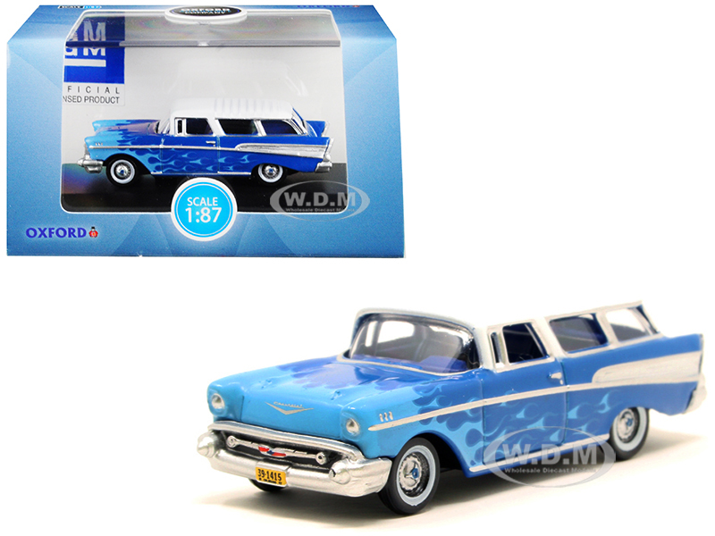 Image of 1957 Chevrolet Nomad Blue with Light Blue Flames and White Top "Hot Rod" 1/87 (HO) Scale Diecast Model Car by Oxford Diecast