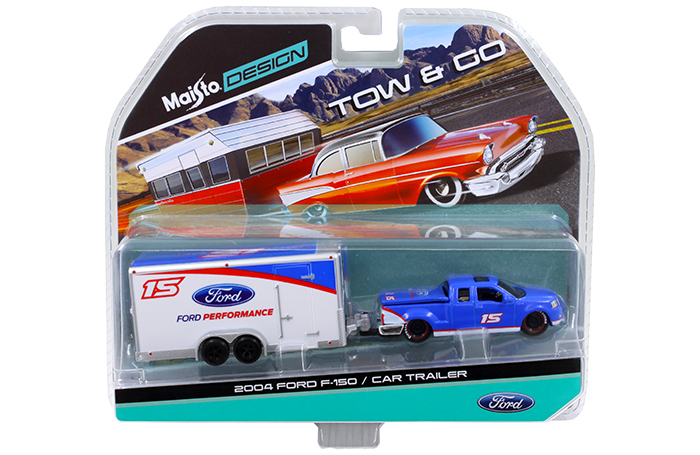 2004 Ford F-150 Pickup Truck #15 Blue and Car Trailer Tow & Go 1/64 Diecast Model by Maisto