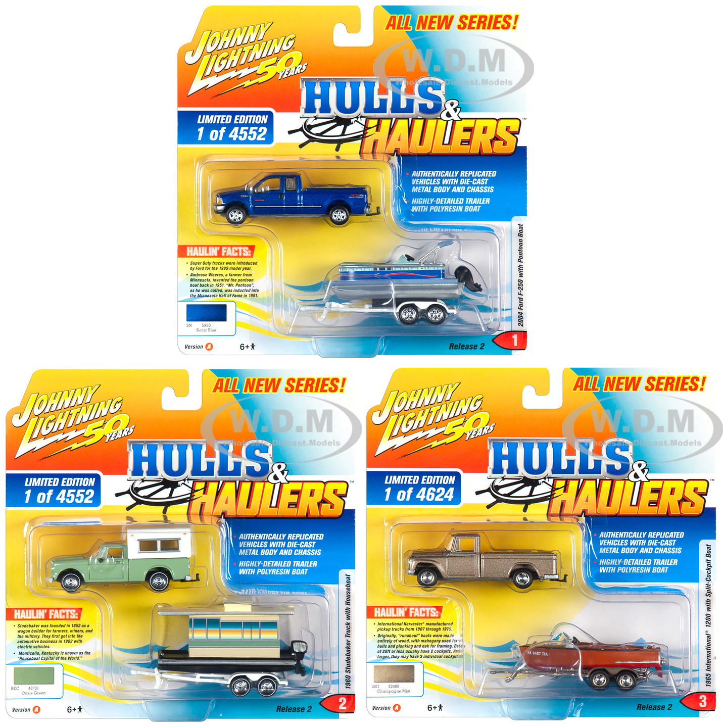 "hulls & Haulers" Series 2 Set A Of 3 Cars "johnny Lightning 50th Anniversary" 1/64 Diecast Model Cars By Johnny Lightning