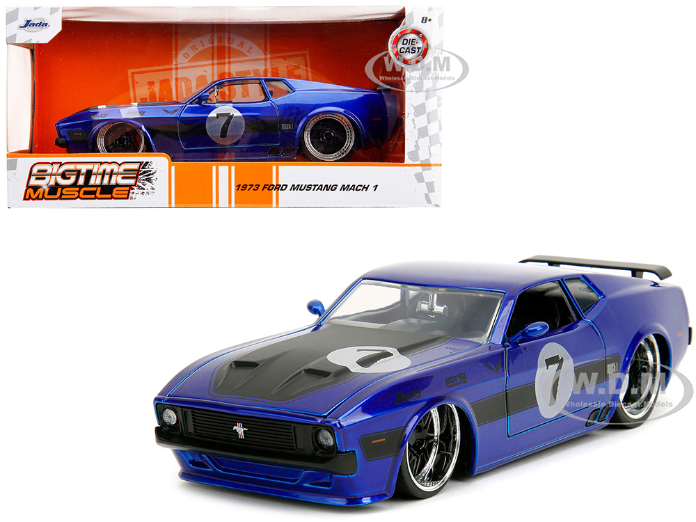 1973 Ford Mustang Mach 1 7 Candy Blue Metallic with Black Stripes and Hood 