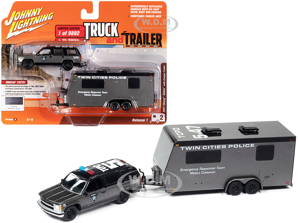 1997 Chevrolet Tahoe SWAT Custom Gray Metallic and Black with Twin Cities Police Camper Trailer Limited Edition to 9892 pieces Worldwide Truck and Trailer Series 1/64 Diecast Model Car by Johnny Lightning