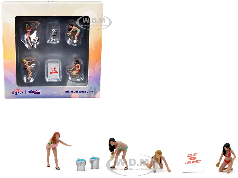 "Bikini Car Wash Girls" 6 Piece Diecast Figure Set (4 Figures and 2 Accessories) for 1/64 Scale Models by Tarmac Works &amp; American Diorama