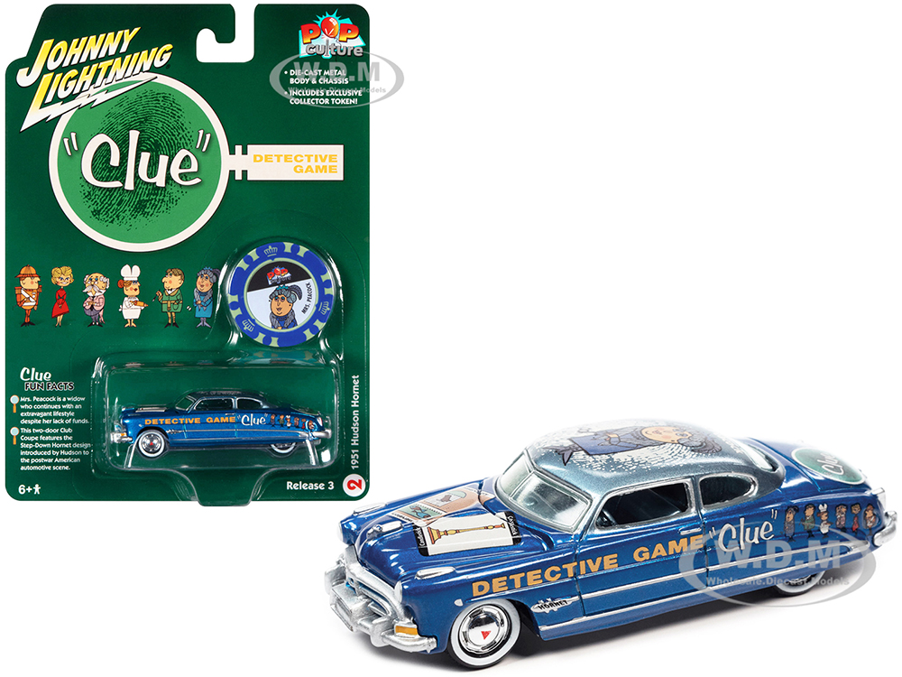 1951 Hudson Hornet Blue Metallic Vintage Clue Mrs. Peacock with Poker Chip Collectors Token Pop Culture 2022 Release 3 1/64 Diecast Model Car by Johnny Lightning