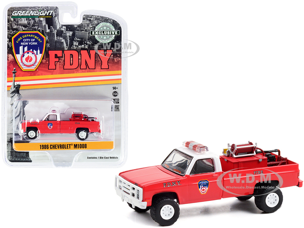 1986 Chevrolet M1008 Pickup Truck Red with White Top with Fire Equipment Hose and Tank Fire Department City of New York (FDNY) Hobby Exclusive 1/64 Diecast Model Car by Greenlight