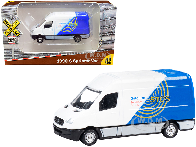 1990 Mercedes Benz Sprinter Van White and Blue STCS Satellite TeleCom Security TraxSide Collection 1/87 (HO) Scale Diecast Model by Classic Metal Works