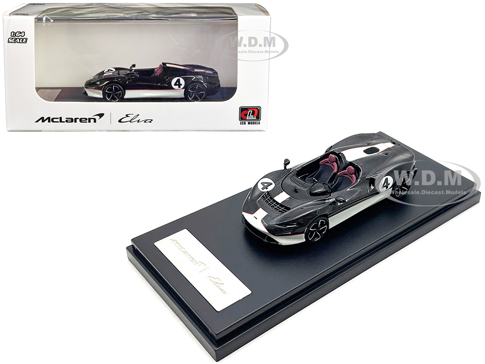 McLaren Elva Convertible 4 Carbon Black with White and Red Stripes 1/64 Diecast Model Car by LCD Models