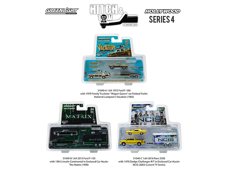 Brand new 1:64 scale car models of Hollywood Hitch & Tow Series 4 Set of 3 die cast car models by Greenlight.Limited Edition.Detailed Interior Exterior.Metal Body.Comes in a blister pack.Officially Licensed Product.Dimensions Approximately L-7 Inches Long.All trailers come with corkscrew jacks for stand-alone display.SET INCLUDES:1972 Ford F100 Pickup with 1979 Wagon Queen Family Truckster with Flatbed Trailer which has Working Ramps "National Lampoons Vacation" Movie (1983).2015 Ford F-150 Pickup Black with 1965 Lincoln Continental Black with Enclosed Car Trailer which has Opening Rear Hatch "The Matrix" Movie (1999).2015 Dodge Ram 1500 Pickup Yellow with 1970 Dodge Challenger R/T Yellow with Enclosed Car Trailer which has Opening Rear Hat