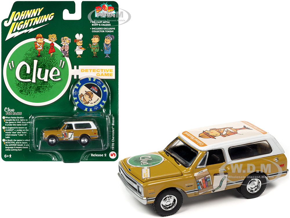 1970 Chevrolet Blazer Mustard Yellow with White Top (Colonel Mustard) w/Poker Chip Collectors Token "Vintage Clue" "Pop Culture" 2022 Release 2 1/64
