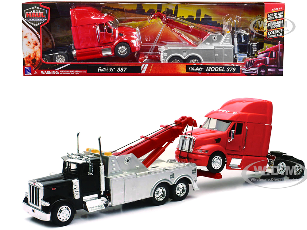 Peterbilt 379 Tow Truck Black with Peterbilt 387 Truck Tractor Red Set of 2 pieces 1/32 Diecast Model by New Ray