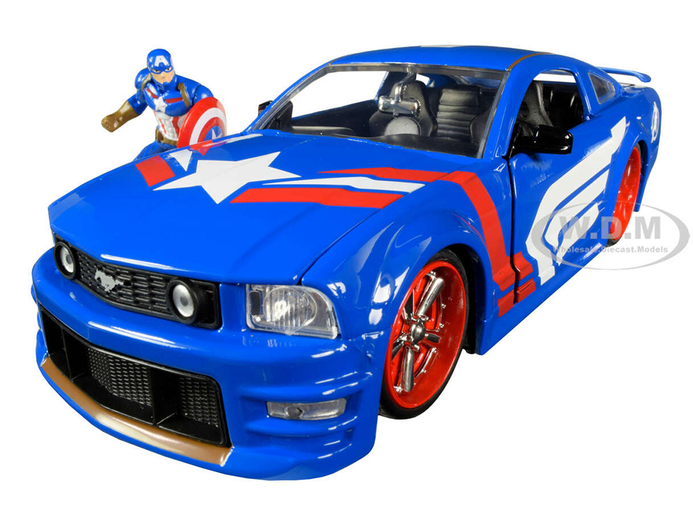 2006 Ford Mustang GT with Captain America Diecast Figurine Avengers Marvel Series 1/24 Diecast Model Car by Jada