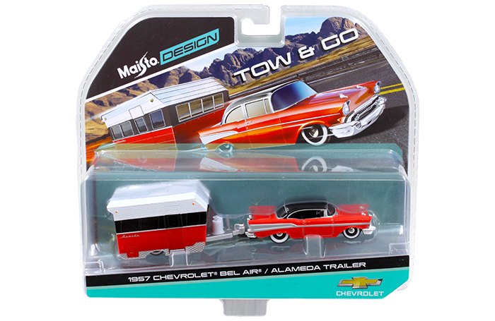 1957 Chevrolet Bel Air with Alameda Trailer Red Tow & Go 1/64 Diecast Model by Maisto