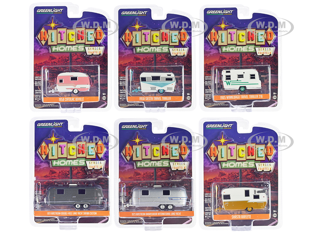 Hitched Homes 6 piece Travel Trailers Set Series 14 1/64 Diecast Models by Greenlight
