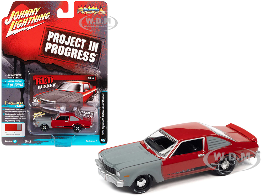 1976 Plymouth Volare Road Runner Bright Red and Primer Gray with Black Stripes 