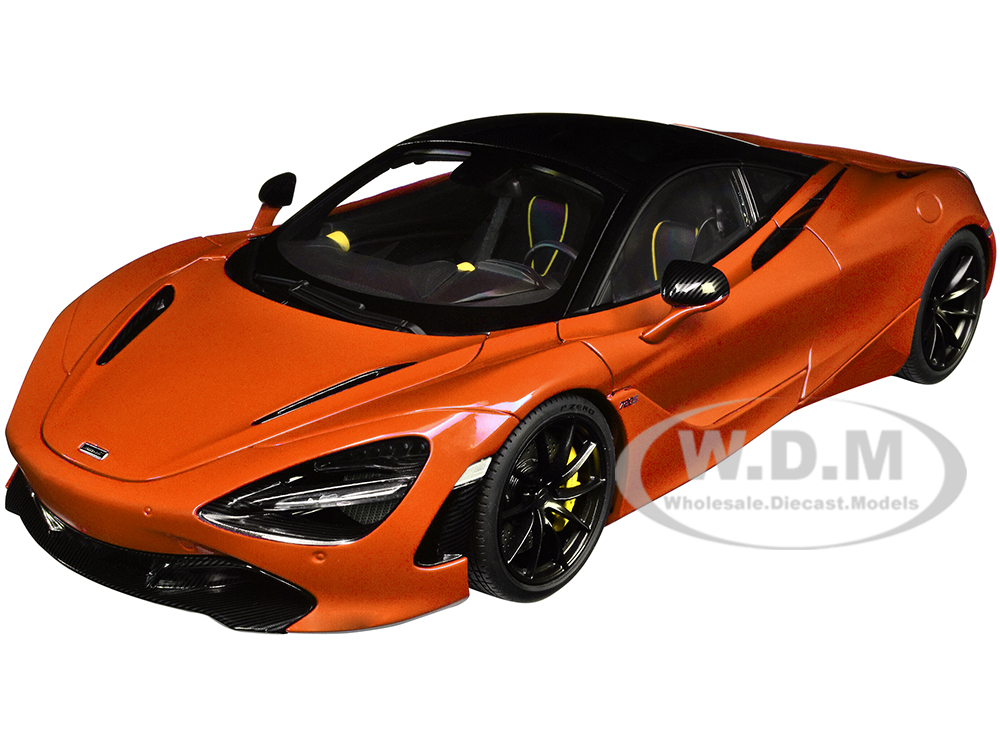 McLaren 720S Azores Orange Metallic with Black Top and Carbon Accents 1/18 Model Car by Autoart
