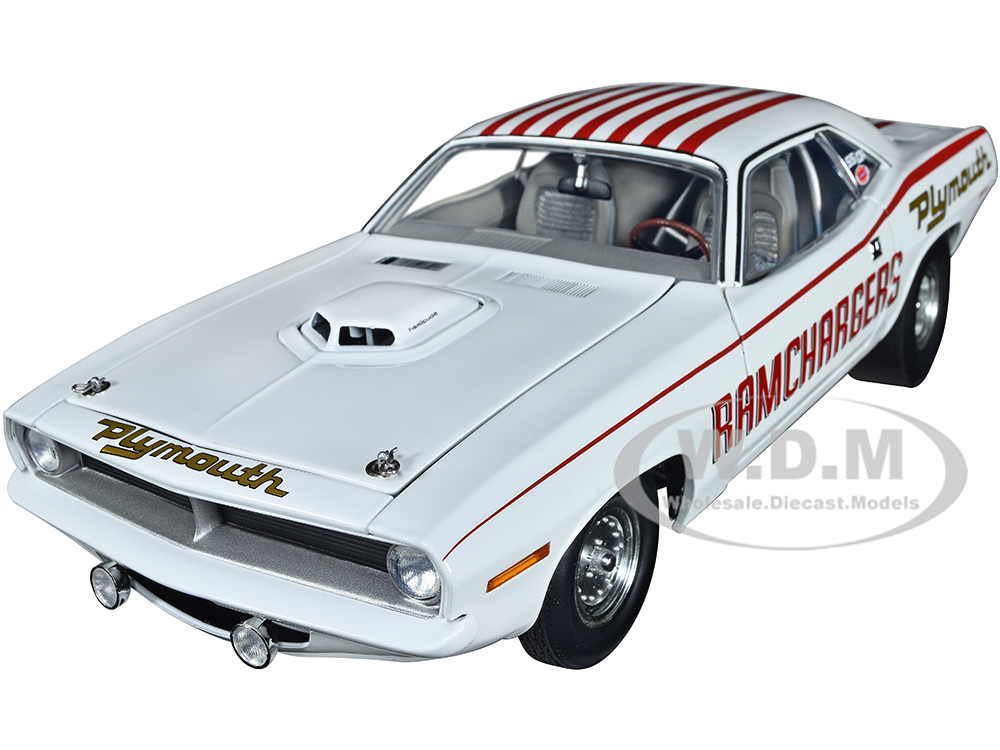 1970 Plymouth HEMI Barracuda Super Stock Ramchargers White with Red Stripes Limited Edition to 750 pieces Worldwide 1/18 Diecast Model Car by ACME