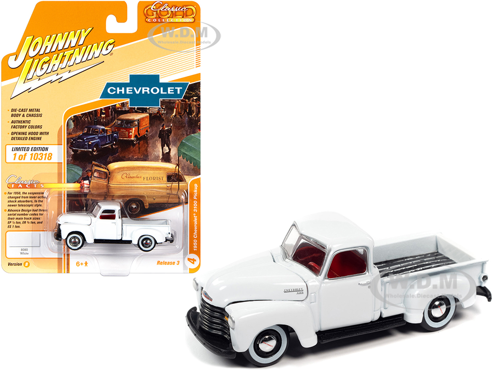 1950 Chevrolet 3100 Pickup Truck White Classic Gold Collection Series Limited Edition to 10318 pieces Worldwide 1/64 Diecast Model Car by Johnny Lightning