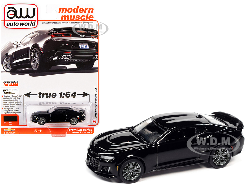 2019 Chevrolet Camaro ZL1 Gloss Black Modern Muscle Limited Edition to 15390 pieces Worldwide 1/64 Diecast Model Car by Auto World