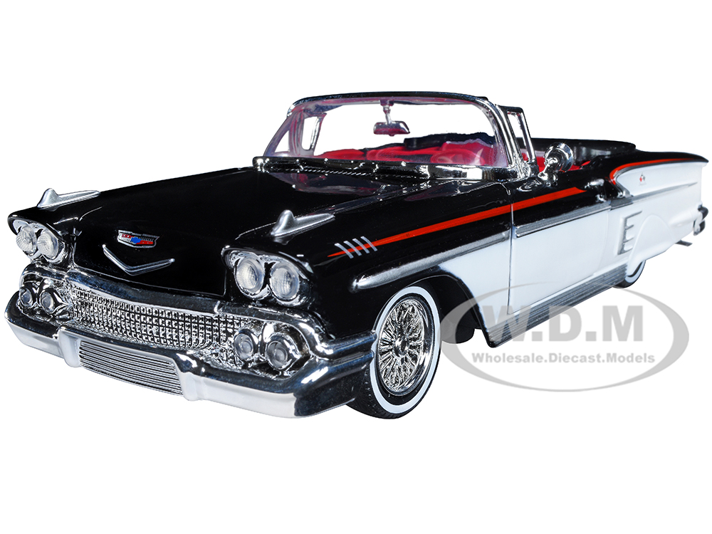 1958 Chevrolet Impala Convertible Lowrider Black and White with Red Interior "Get Low" Series 1/24 Diecast Model Car by Motormax