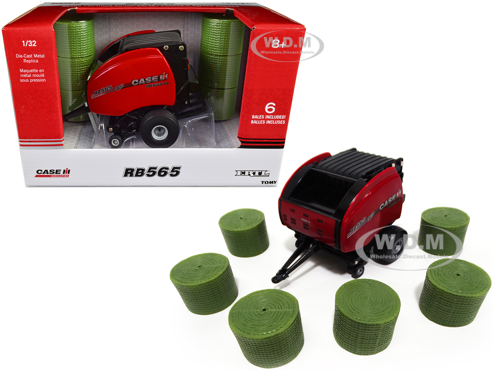 Case IH RB565 Premium Round Baler Red with 6 Bales "Case IH Agriculture" 1/32 Diecast Model by ERTL TOMY