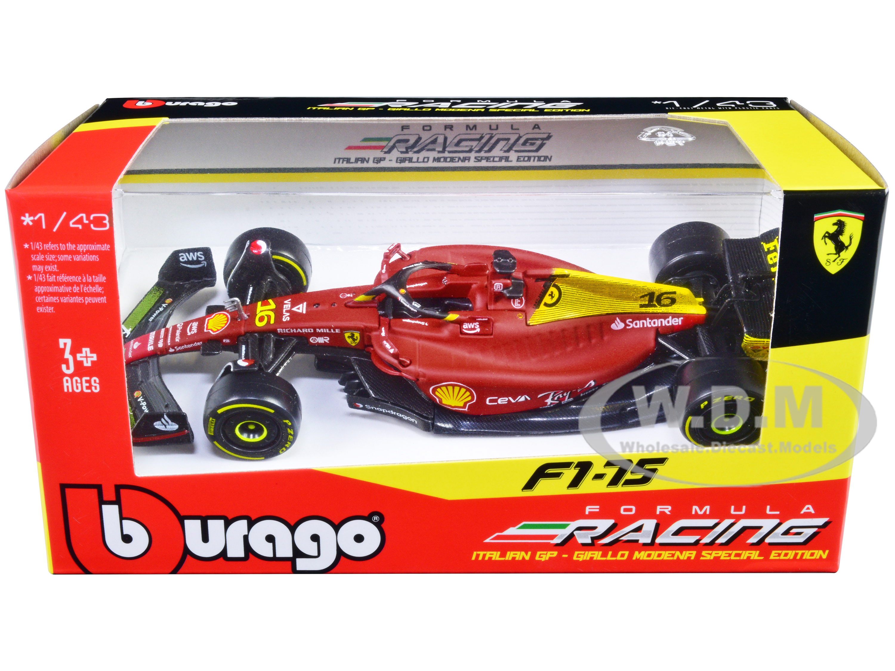 Ferrari F1-75 16 Charles Leclerc "Giallo Modena" 2nd Place Formula One F1 Italian GP (2022) "Formula Racing" Series 1/43 Diecast Model Car by Bburago