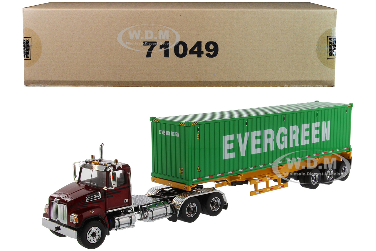 Western Star 4700 SB Tandem Truck Tractor Metallic Red With Skeleton Trailer And 40 Dry Goods Sea Container EverGreen Transport Series 1/50 Dieca