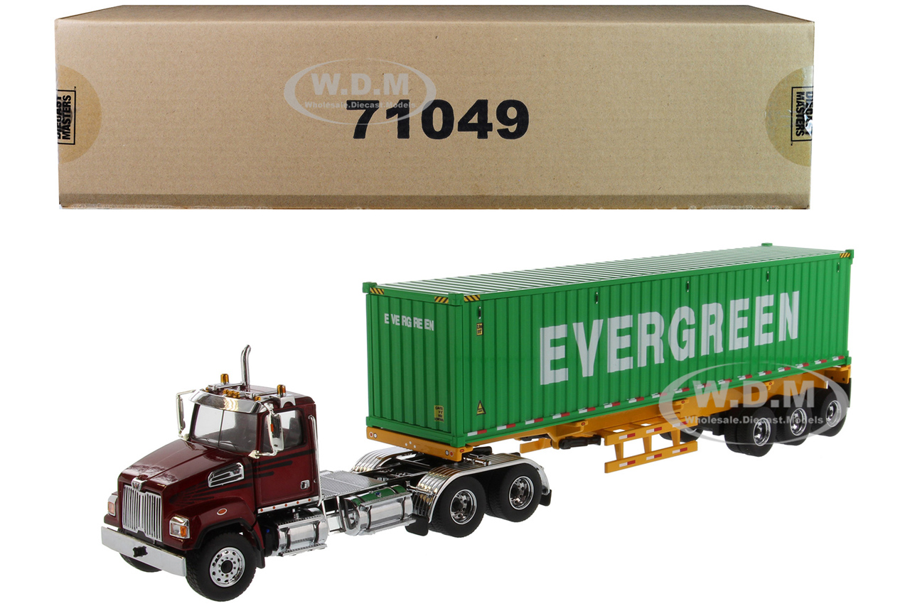 Western Star 4700 SB Tandem Truck Tractor Metallic Red with Skeleton Trailer and 40 Dry Goods Sea Container "EverGreen" "Transport Series" 1/50 Dieca