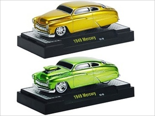 Ground Pounders 1949 Mercury Green & Gold 2 Cars Set In Cases 1/64 Diecast Model Cars By M2 Machines