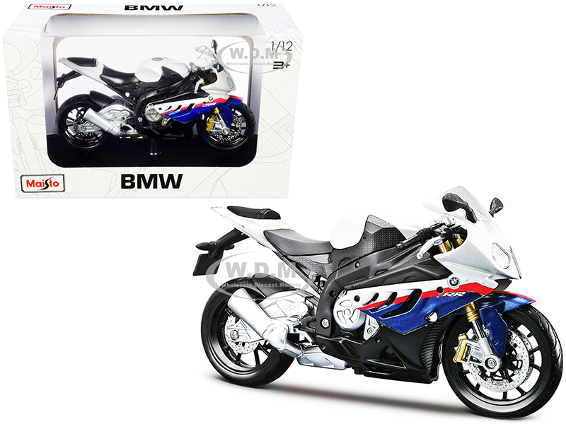 BMW S 1000 RR White with Blue and Red Stripes with Plastic Display Stand 1/12 Diecast Motorcycle Model by Maisto