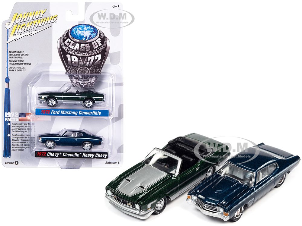 1972 Ford Mustang Convertible Dark Green Metallic with Silver Hood and Stripes and 1972 Chevrolet Chevelle SS Heavy Chevy Fathom Blue Metallic with White Stripes Class of 1972 Set of 2 Cars 1/64 Diecast Model Cars by Johnny Lightning
