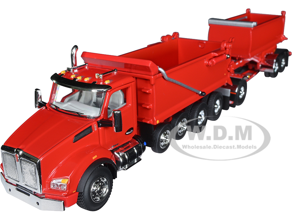 Kenworth T880 Quad-Axle Dump Truck and Rogue Transfer Tandem-Axle Dump Trailer Viper Red 1/64 Diecast Model by DCP/First Gear