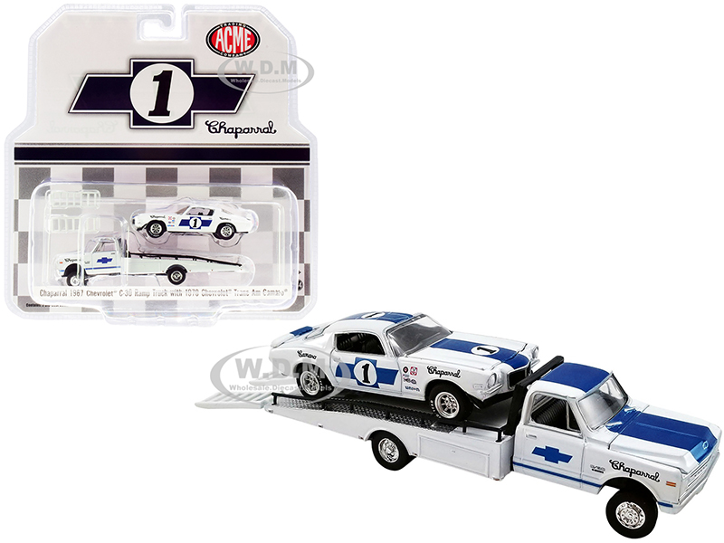 1967 Chevrolet C-30 Ramp Truck with 1970 Chevrolet Trans Am Camaro 1 White with Blue Stripes "Chaparral" "Acme Exclusive" 1/64 Diecast Model Cars by